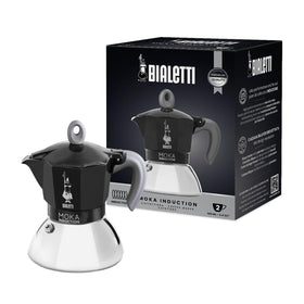 Bialetti Moka Induction full view in black, 2-cup size for stovetop brewing