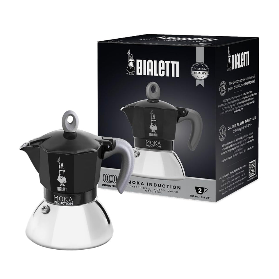 Bialetti Moka Induction full view in black, 2-cup size for stovetop brewing