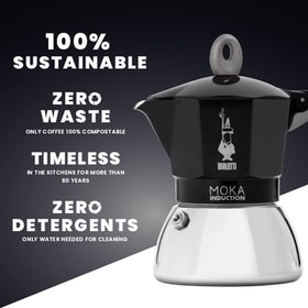 Bialetti Moka Induction iconic moustache emblem signals heritage and quality.