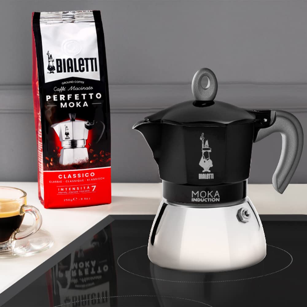 Bialetti Moka Induction on the stovetop, compatible with induction hobs and other heat sources.