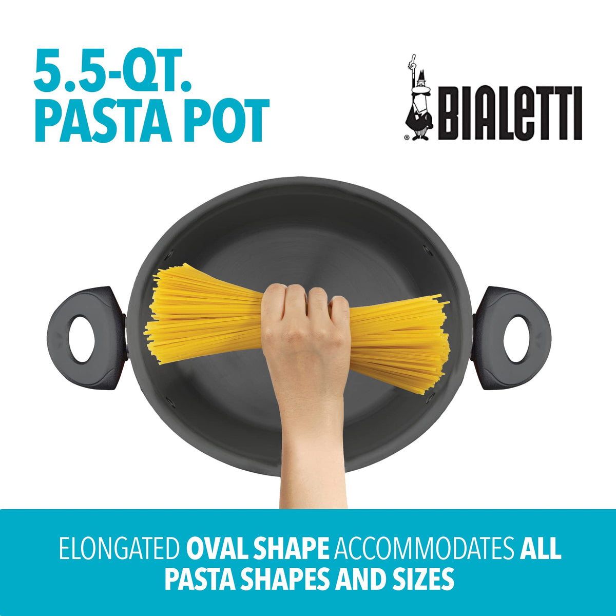 Bialetti 5.5-quart oval pasta pot – strainer lid in action for safe water draining.