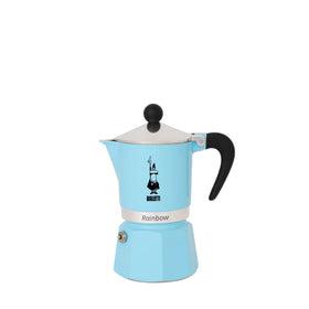 Bialetti Rainbow moka pot exterior in light blue, vibrant design for easy morning espresso.