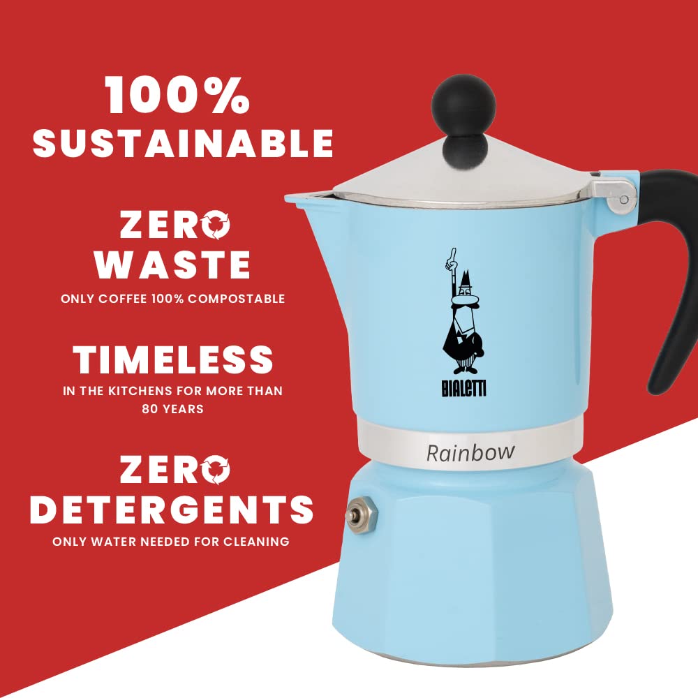 Bialetti Rainbow moka pot simple water rinse preserves flavor without detergents.