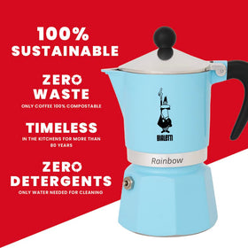 Bialetti Rainbow moka pot simple water rinse preserves flavor without detergents.