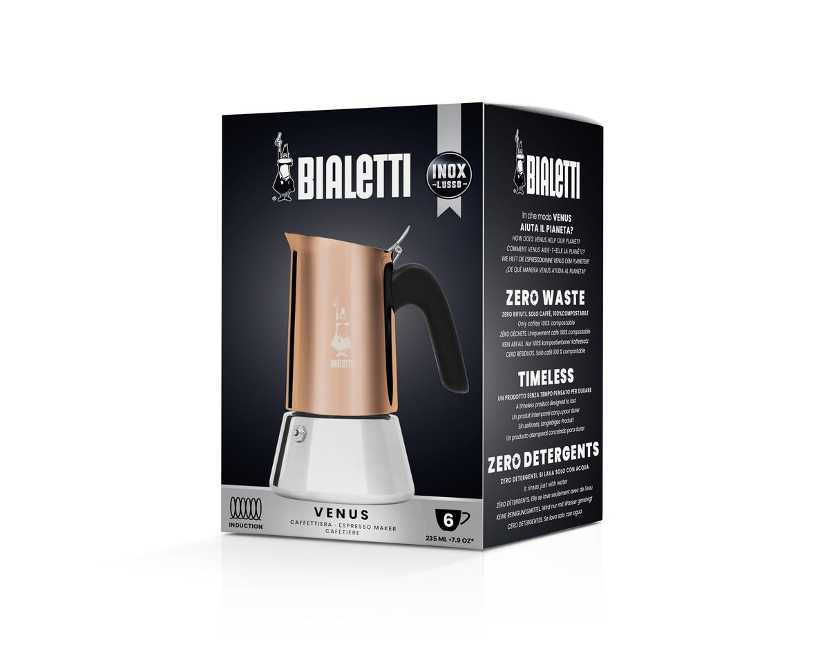 Bialetti Venus pouring espresso for six cups showing serving flexibility