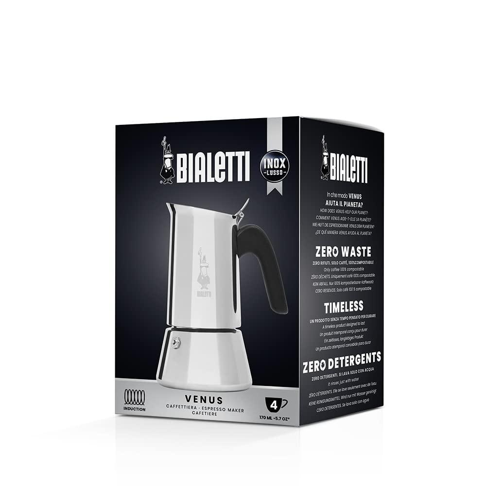 Bialetti Venus handle close-up highlighting ergonomic grip for safe pouring