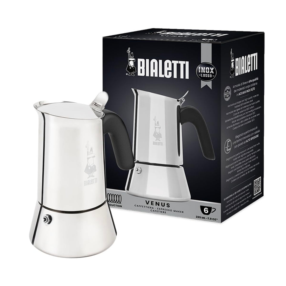 Bialetti Venus on stove delivering rich, velvety espresso