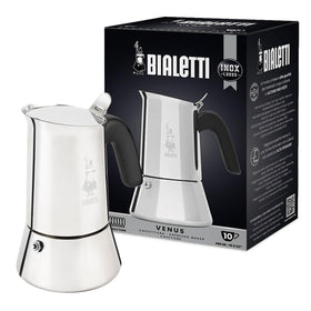 Bialetti Venus induction coffee maker with durable stainless steel body.