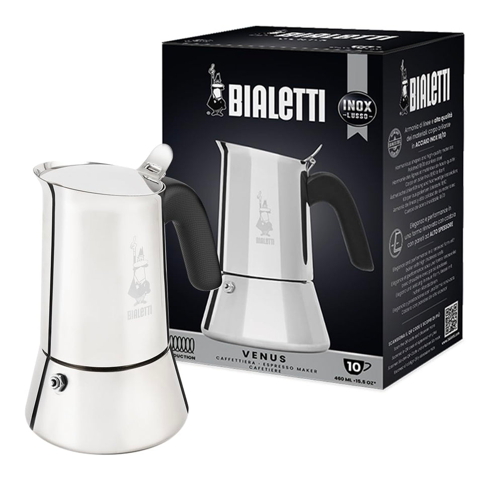 Bialetti Venus induction coffee maker with durable stainless steel body.