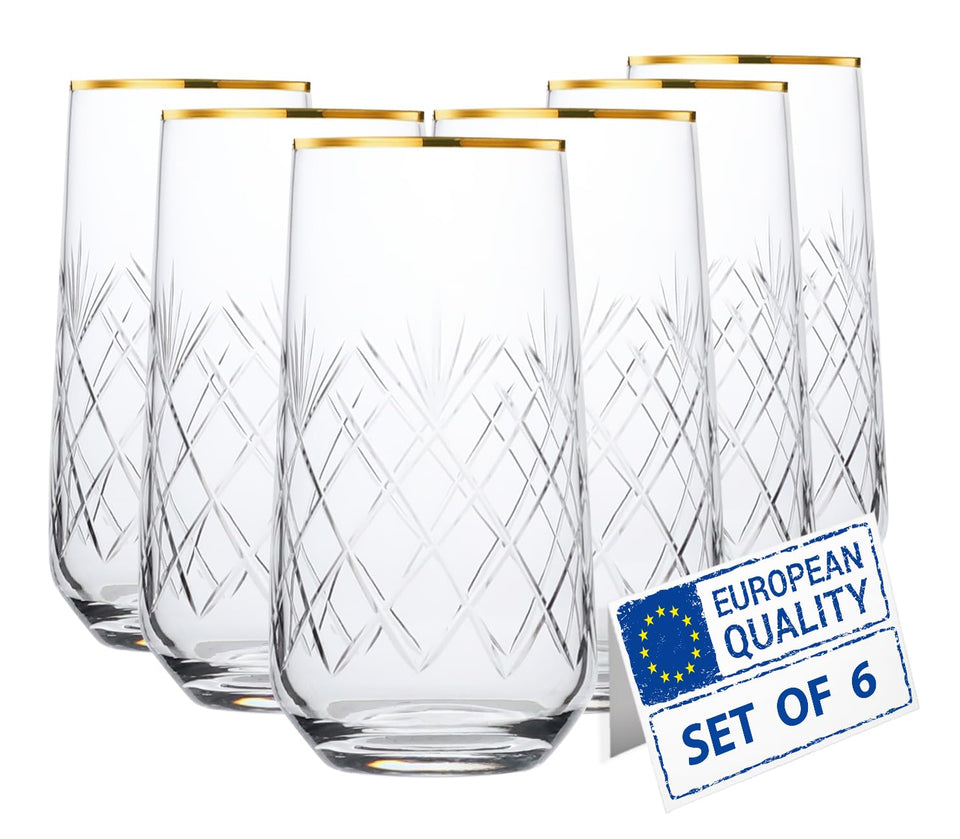 Biandeco gold-rimmed 16oz glasses elevate cocktails and water with luxury detail