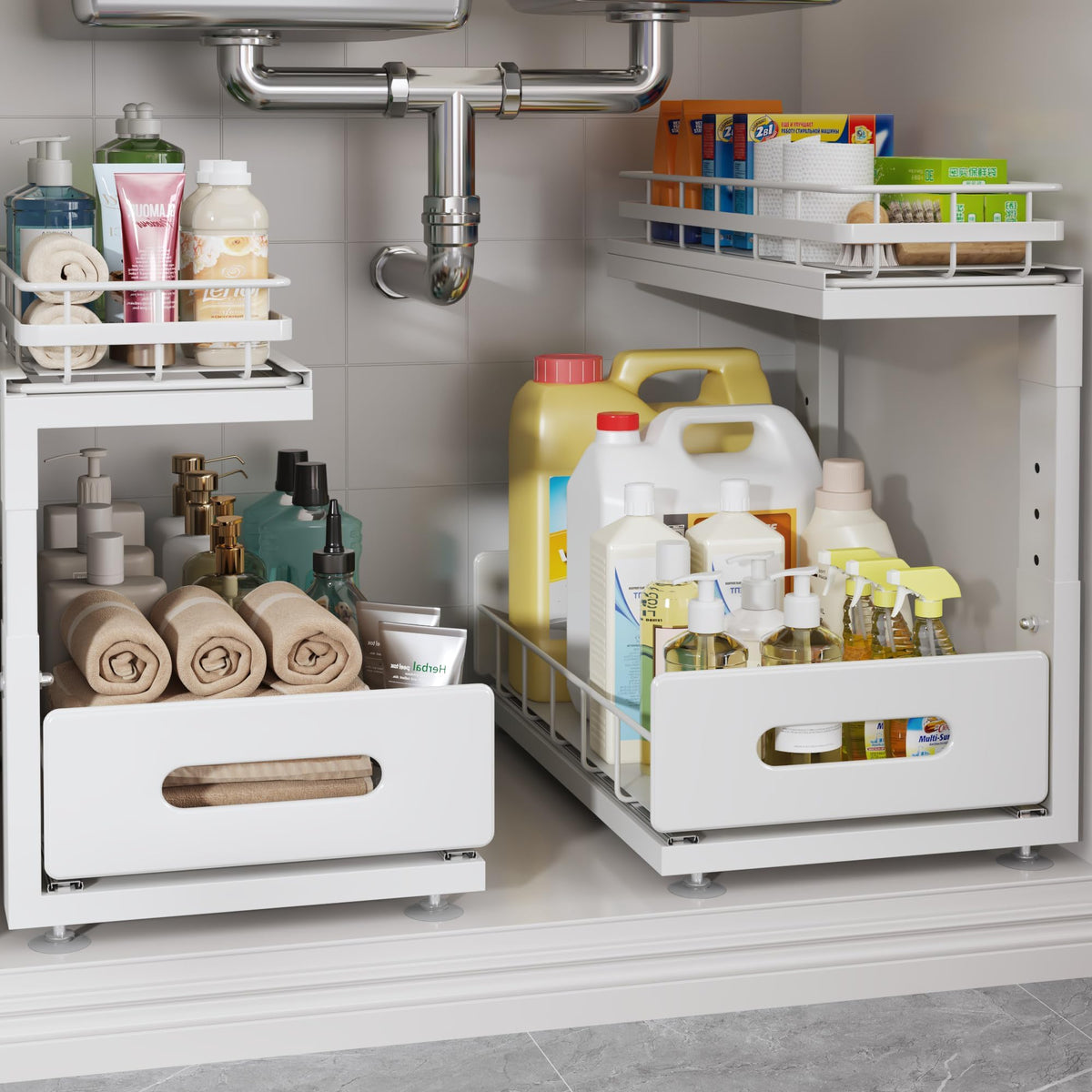 Biboraya under-sink organizer with two-tier rails for efficient cabinet storage