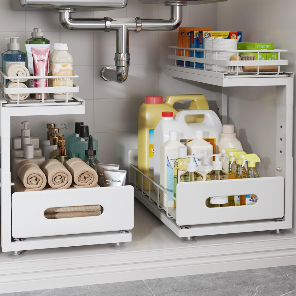 Biboraya under-sink organizer with two-tier rails for efficient cabinet storage