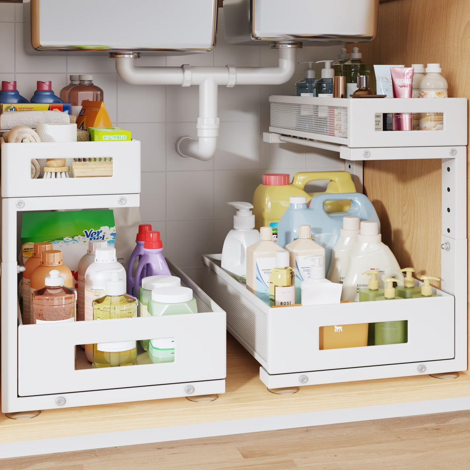 Biboraya bottom basket under-sink organizer offers extra space for bottles.