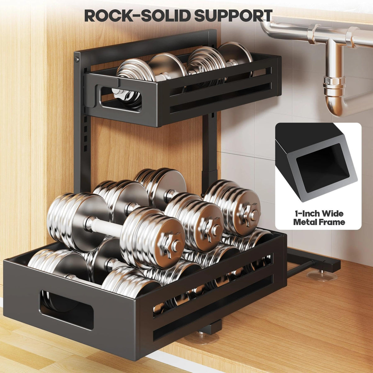 Biboraya bottom tier storage accommodates tall bottles without crowding.