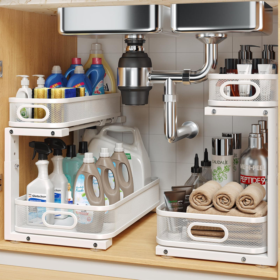 Biboraya under-sink organizer with cylindrical rails keeps heavy bottles sliding smoothly and quietly