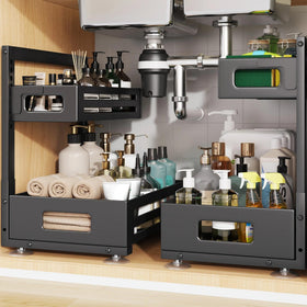 Biboraya under-sink organizer top view showing slim profile for pipe clearance.