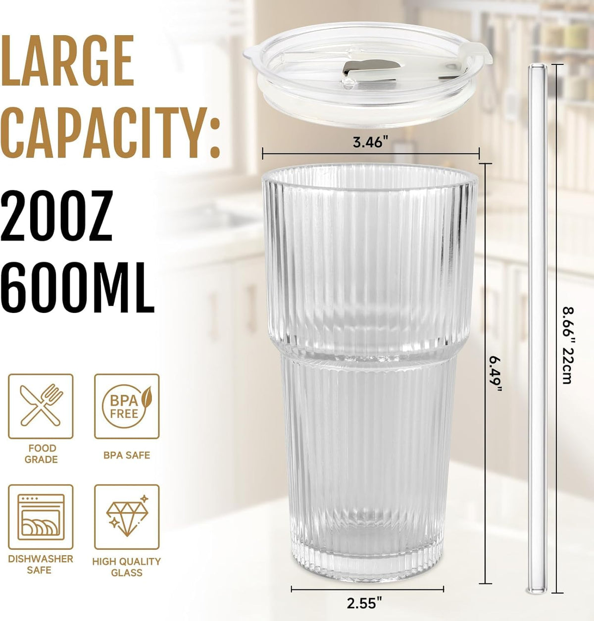 BiBrenies ribbed glass tumbler highlights durable, textured grip for everyday coffee.
