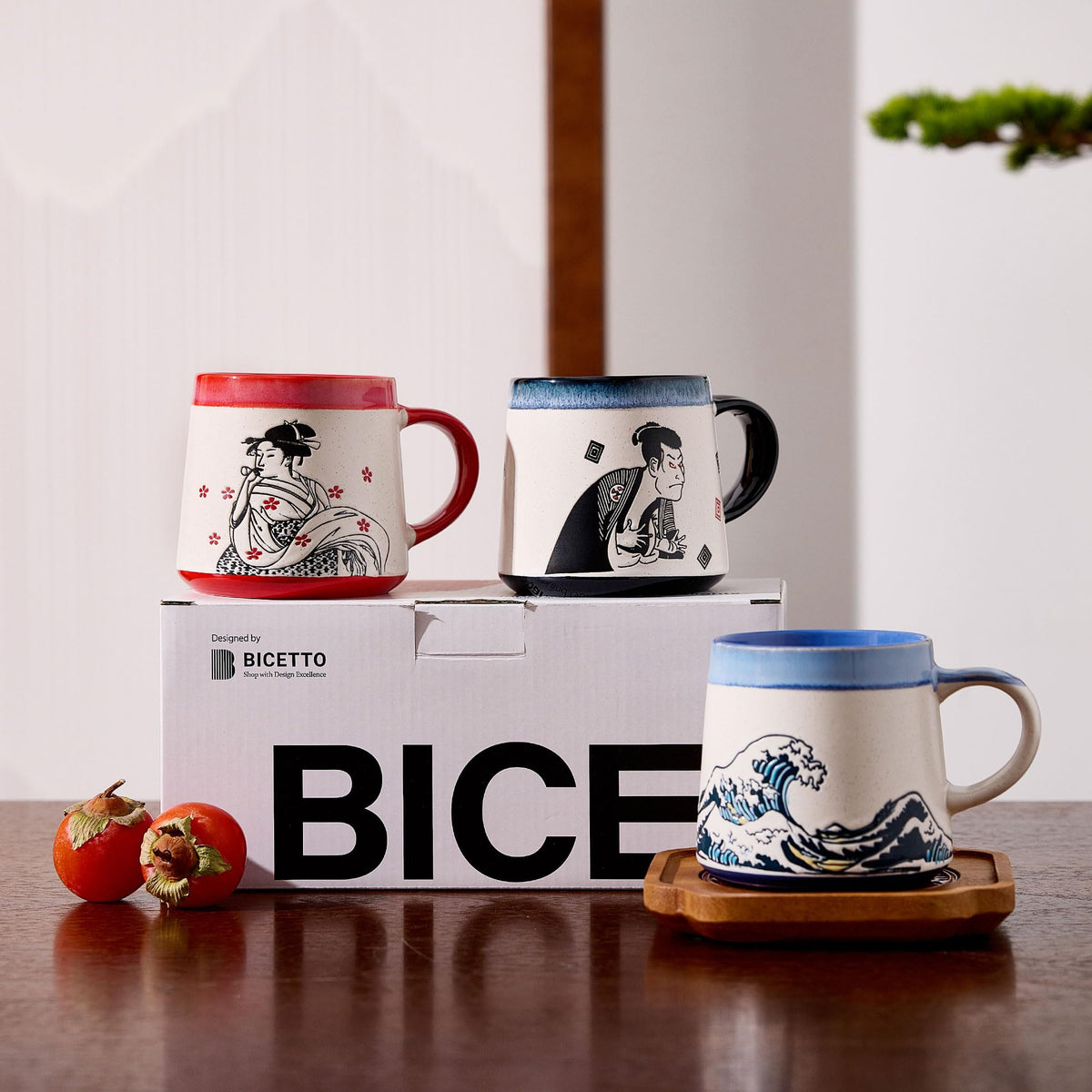 BICETTO Great Wave mug in kitchen with coffee.