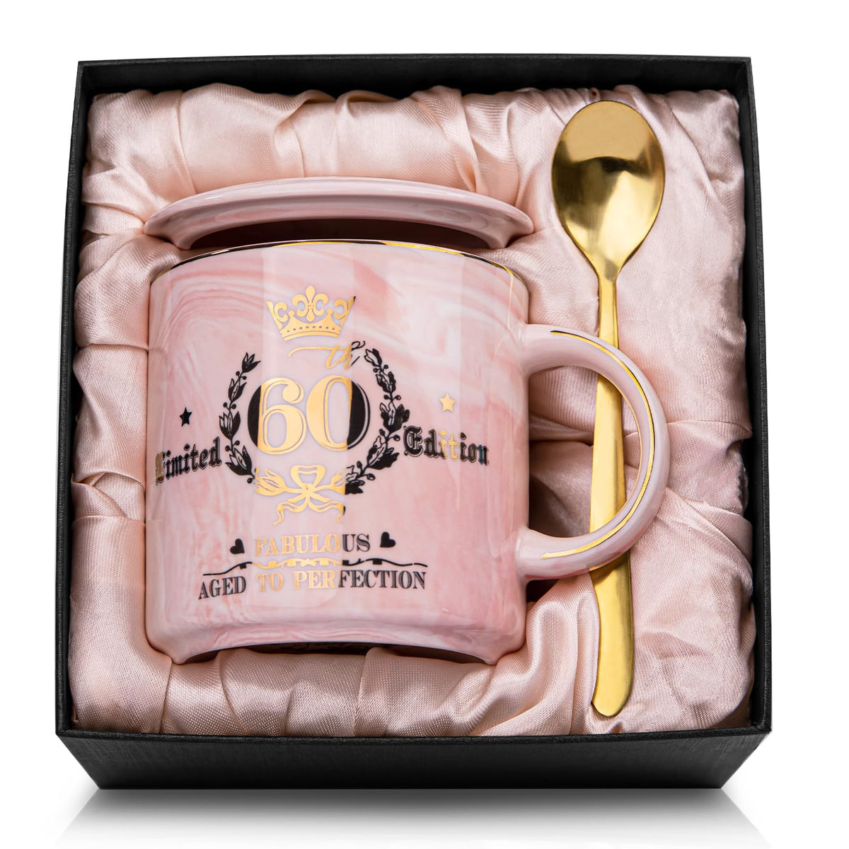 Biching 60th birthday mug with pink marble and gold accents, ideal keepsake gift