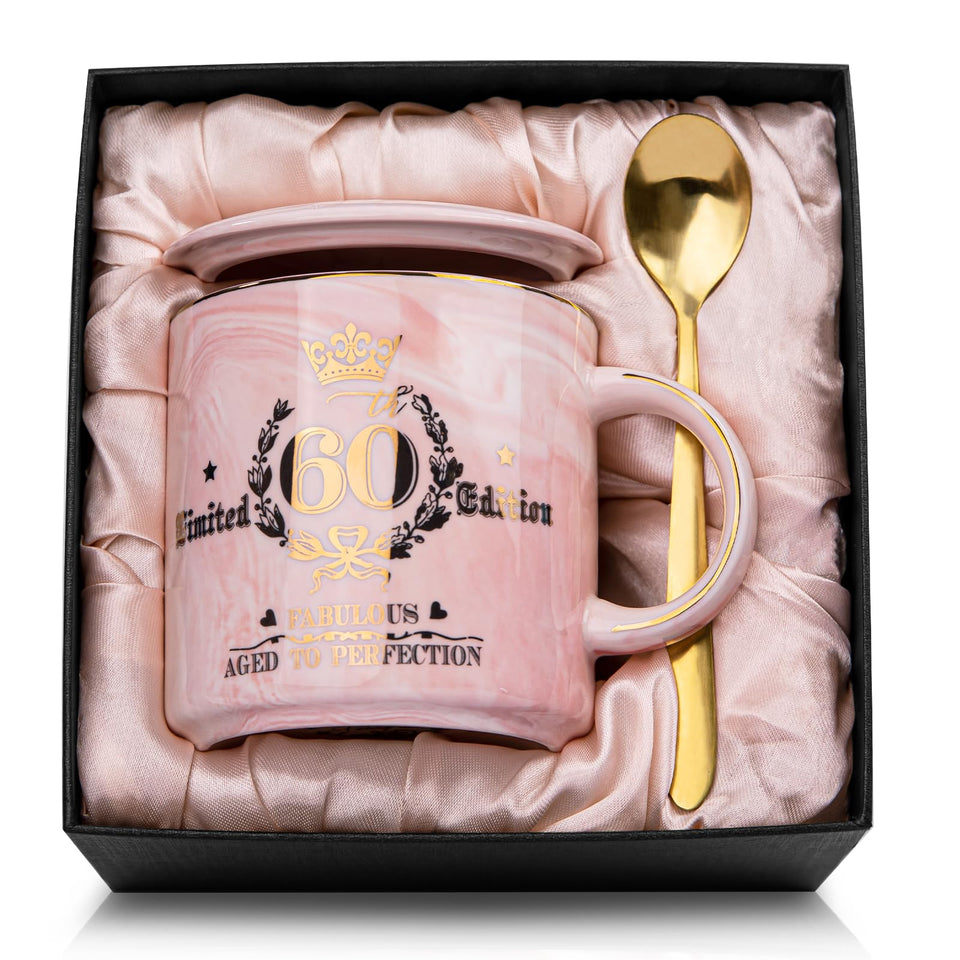 Biching 60th birthday mug with pink marble and gold accents, ideal keepsake gift