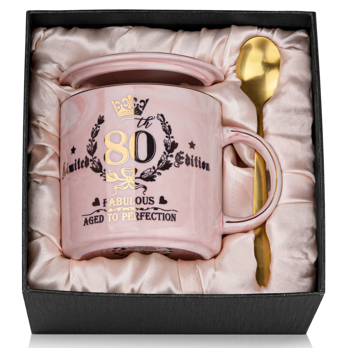 Biching 80th birthday pink mug with gold pattern for elegant gifting.