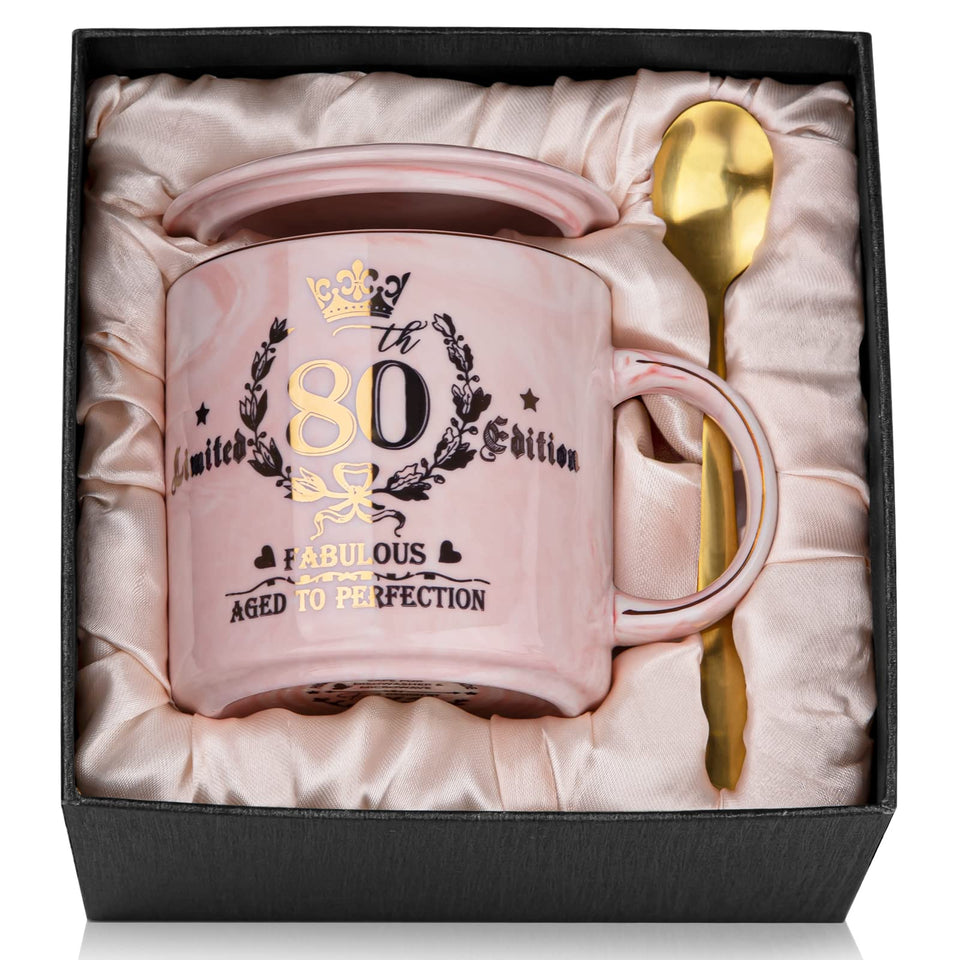 Biching 80th birthday pink mug with gold pattern for elegant gifting.