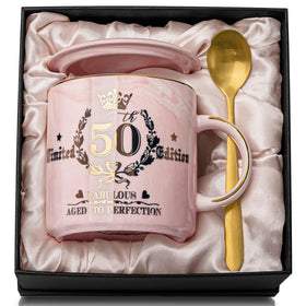 Biching Fabulous 50 14oz mug with gold pattern for celebrating milestone