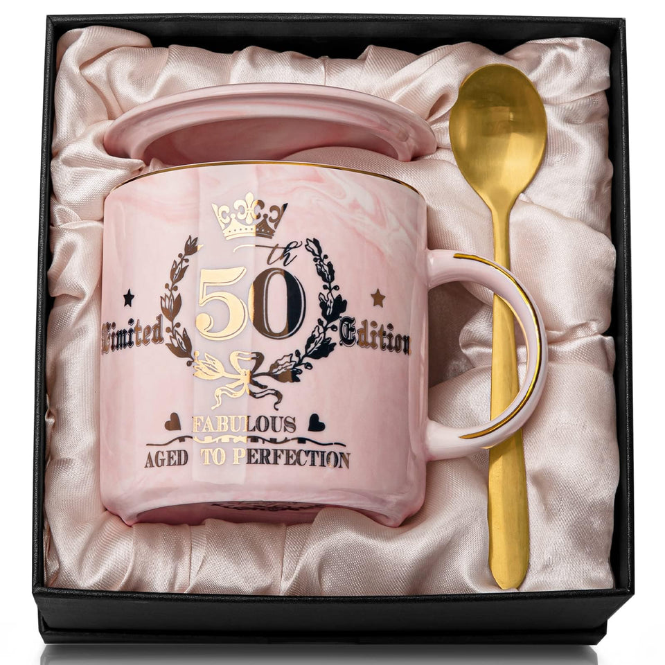 Biching Fabulous 50 14oz mug with gold pattern for celebrating milestone