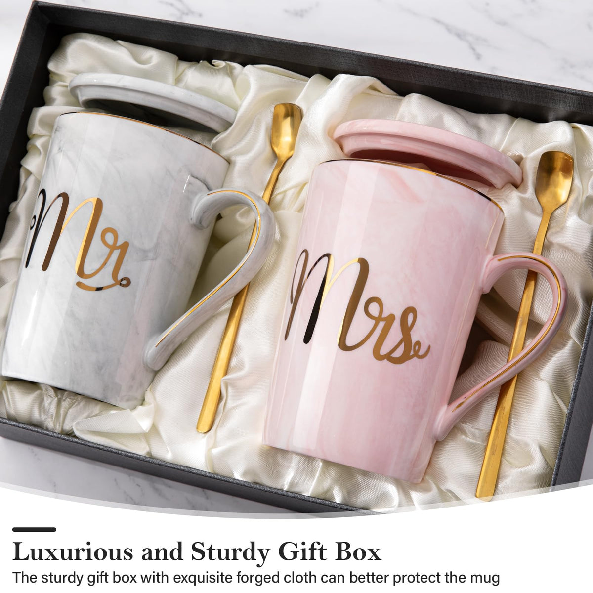 Grey Mr mug and pink Mrs mug with gold foil engraving for a chic keepsake.