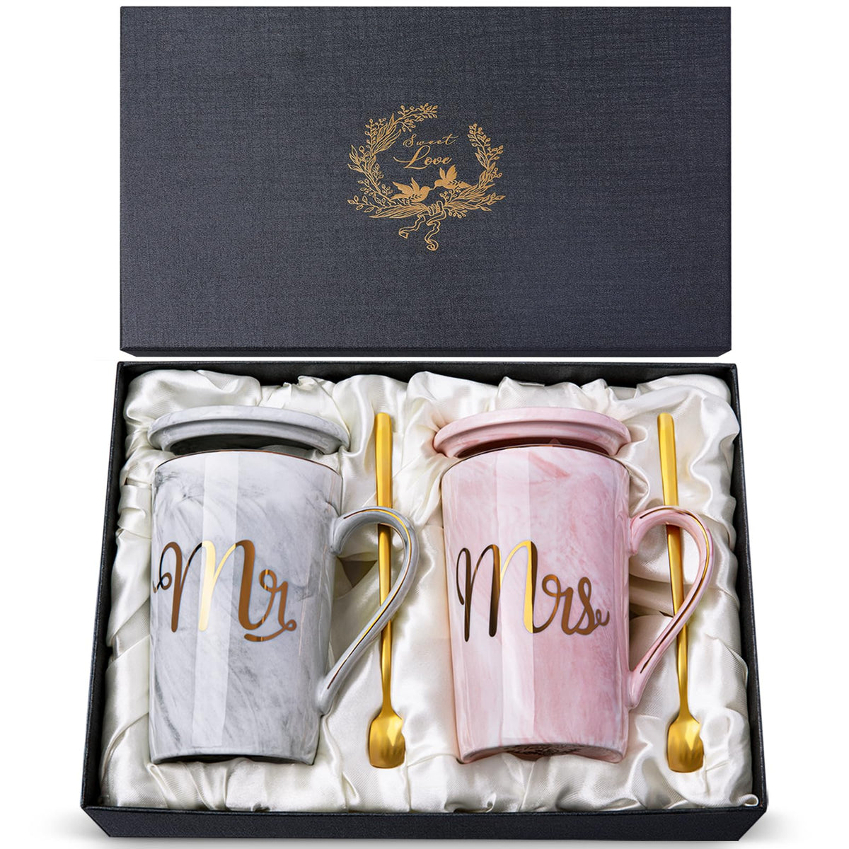 Biching Mr & Mrs mugs set with marble pattern for elegant wedding gift.