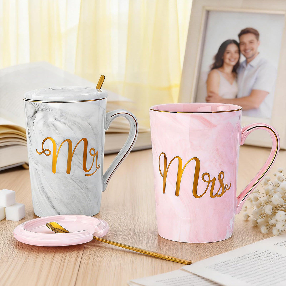 Wedding gift-ready display featuring Mr & Mrs marble mugs.
