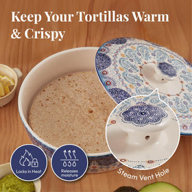 Bico warmer on table with tortillas highlights generous capacity.