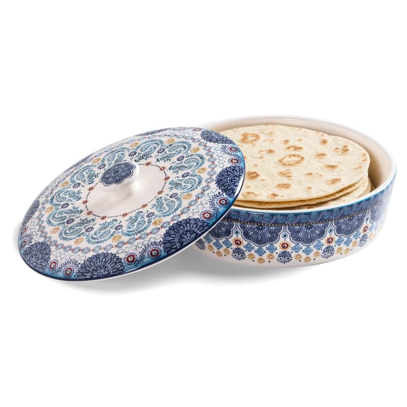 Bico Blue Talavera tortilla warmer with lid keeps tortillas warm for serving.