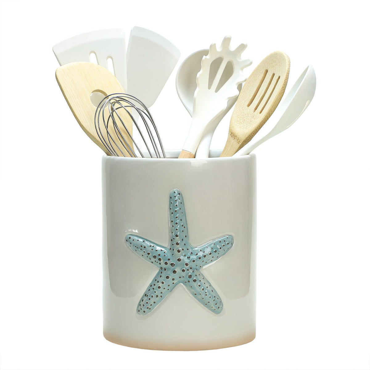 Bicuzat ceramic starfish-embossed utensil holder on countertop keeps spatulas within reach