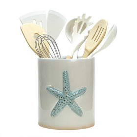 Bicuzat ceramic starfish-embossed utensil holder on countertop keeps spatulas within reach