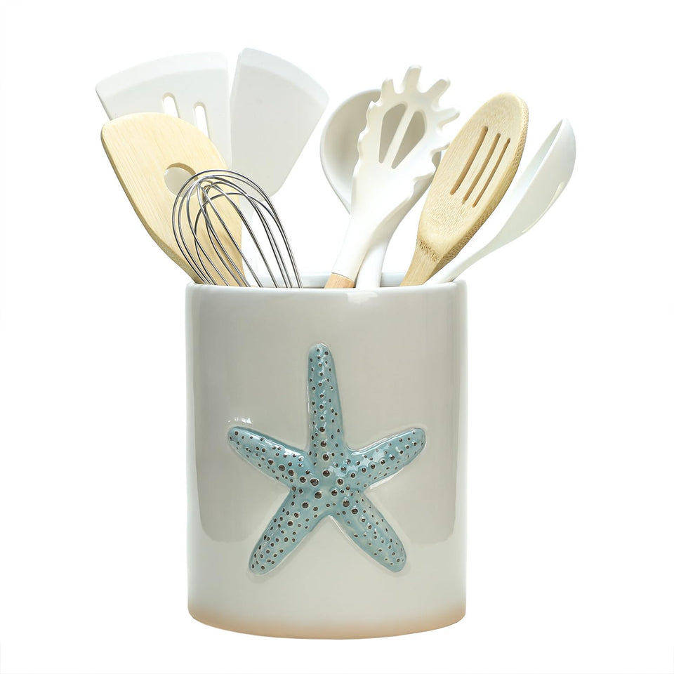 Bicuzat ceramic starfish-embossed utensil holder on countertop keeps spatulas within reach