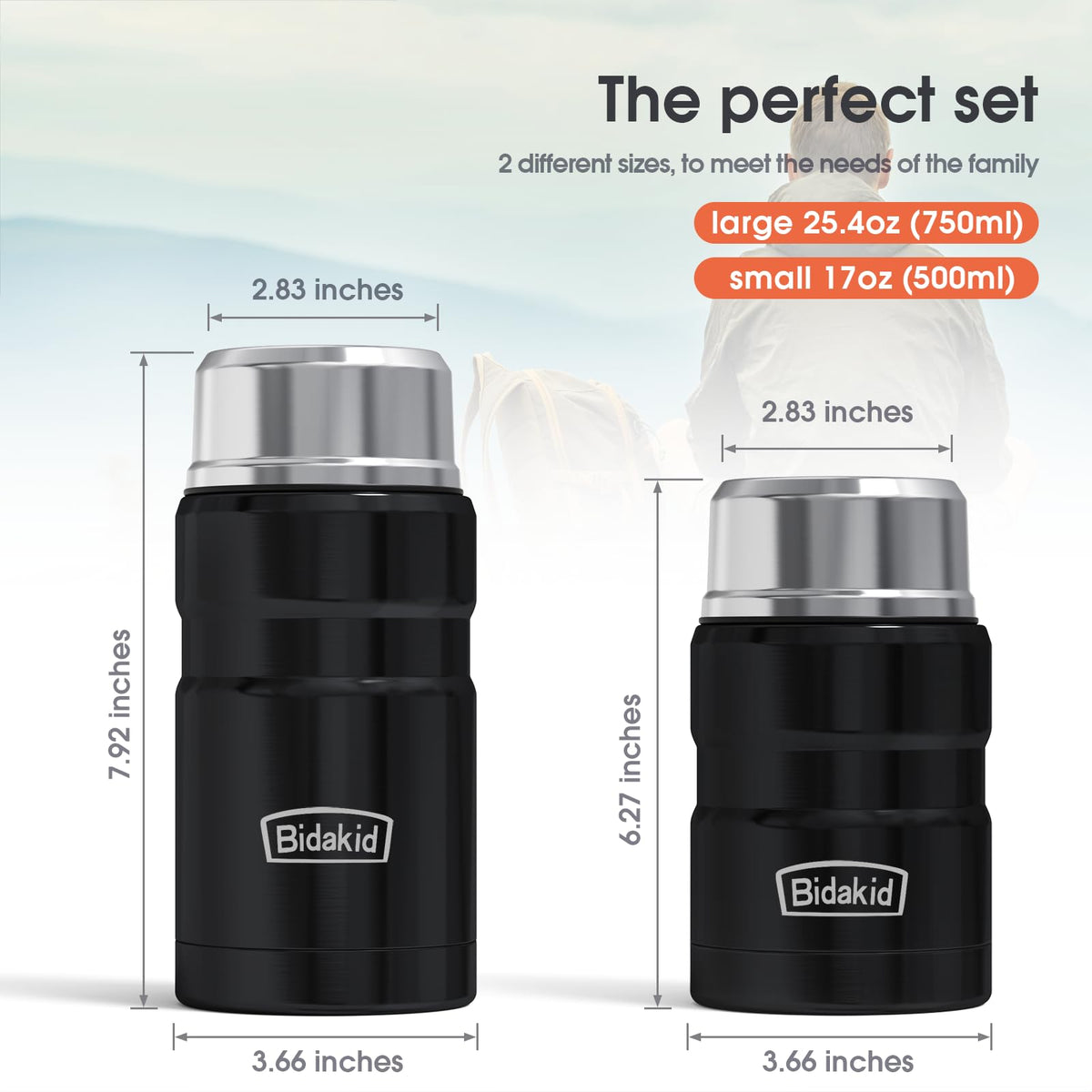Bidakid 17oz insulated jar ideal for lighter lunches with spill-free design.