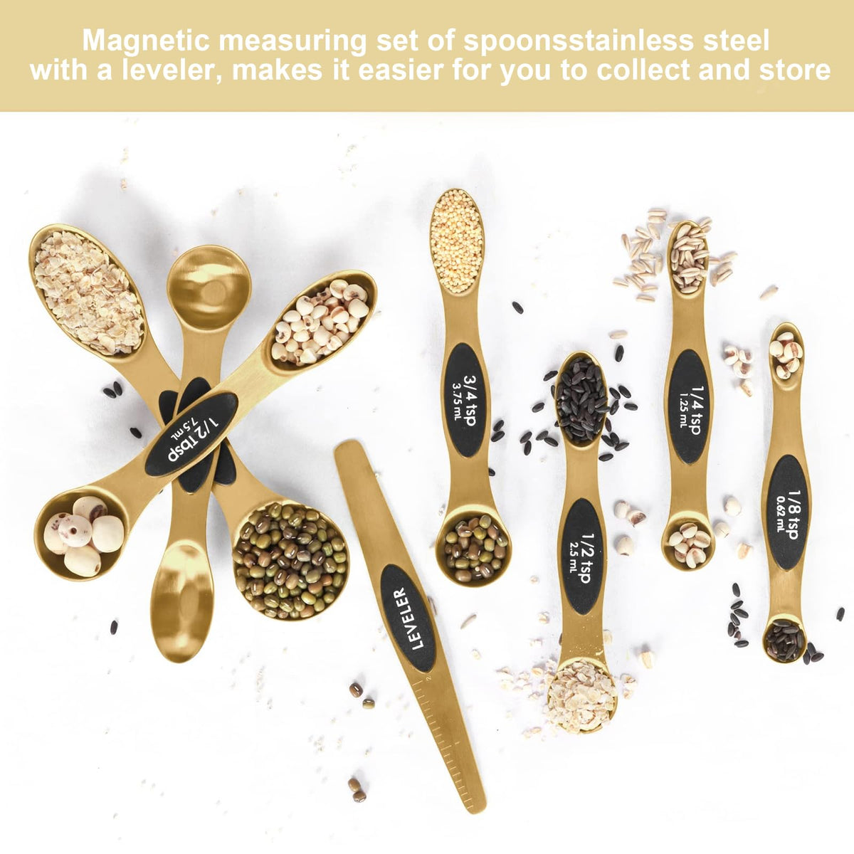 Bidful dual-sided spoons for narrow jars, ideal for spices and liquids.