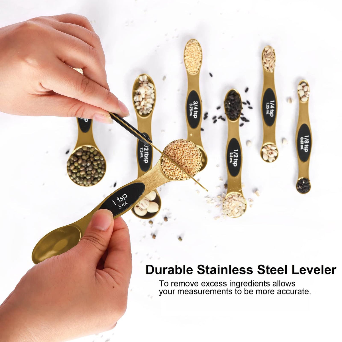 Bidful stackable magnetic spoons on a metal surface, keeps kitchen organized.