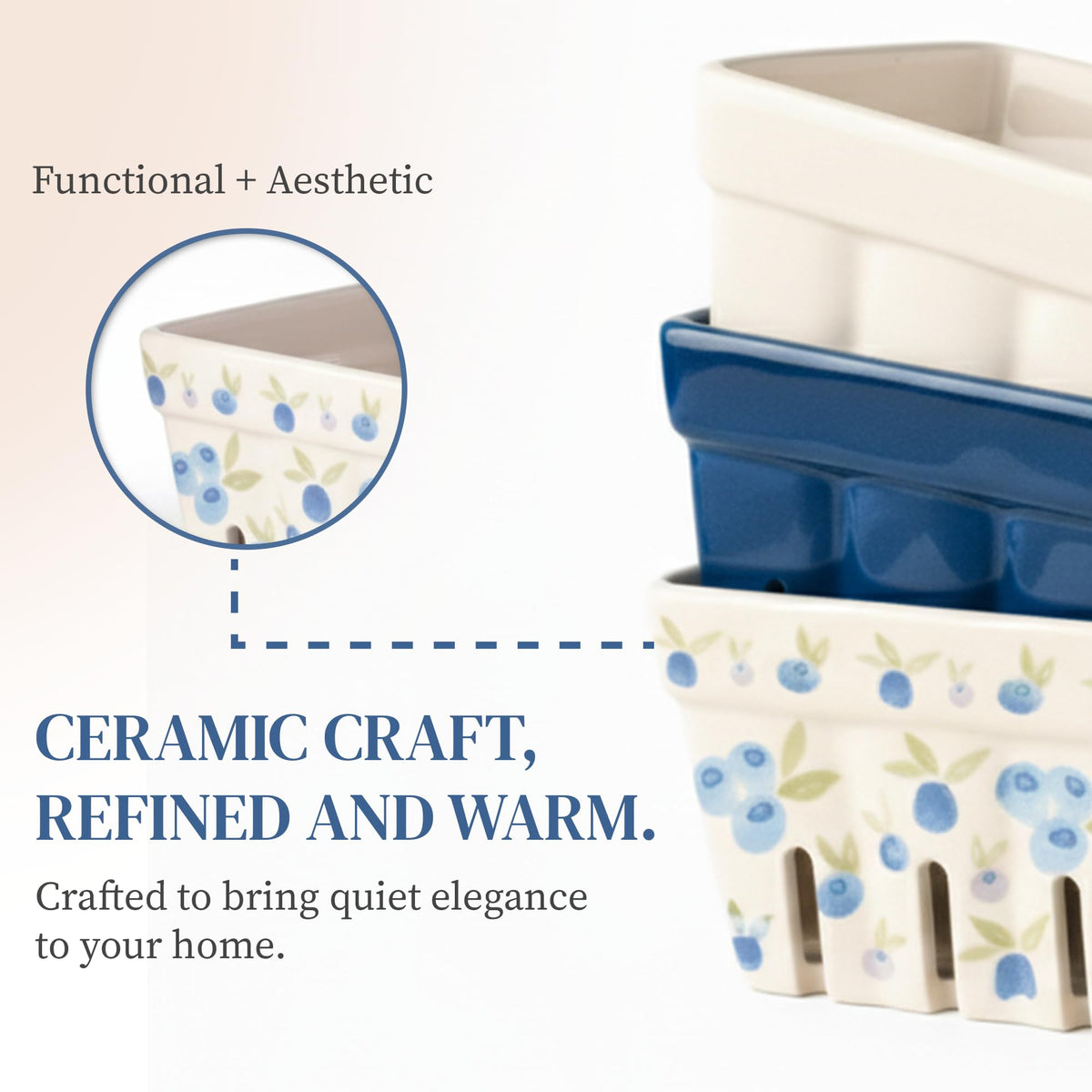 BIEN BEAU blue-white-pattern bowls brighten countertop displays.