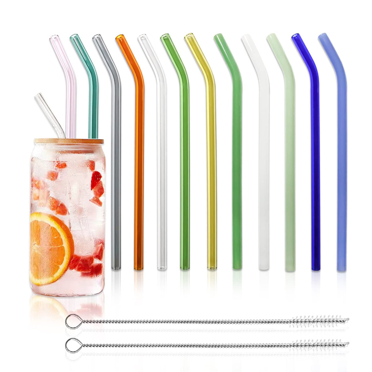 BIEOFFEI 12-pack glass straws in 8-inch bent design for smooth hot and cold sipping.
