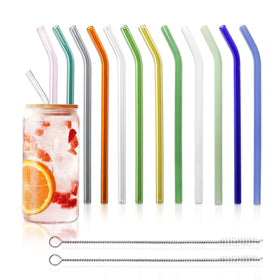 BIEOFFEI 12-pack glass straws in 8-inch bent design for smooth hot and cold sipping.