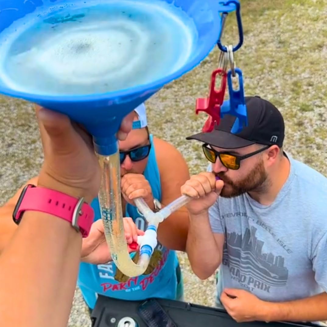 Bierstick blue shotgun tool included for hole sizing and bottle opening.