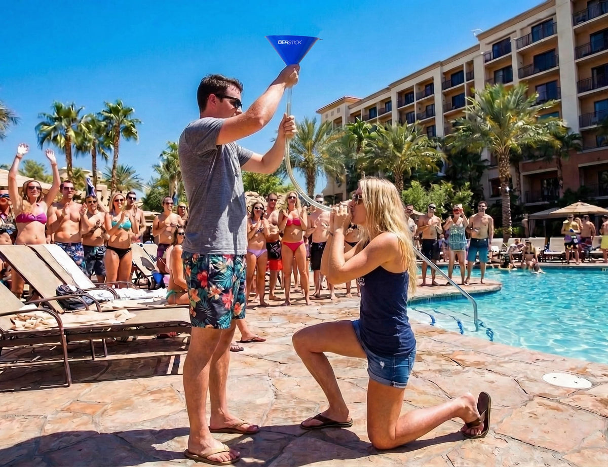 Bierstick dual-head Y-attachment showcases versatile party setup.