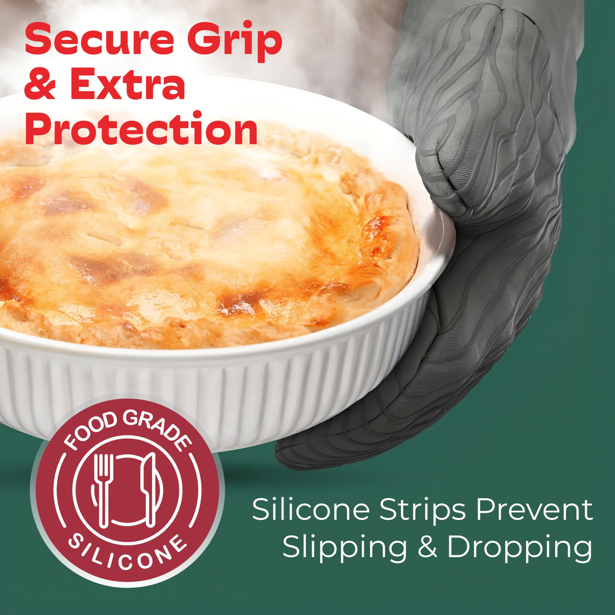 Big Red House silicone-lined palms offer flexible grip for safe handling of hot trays.