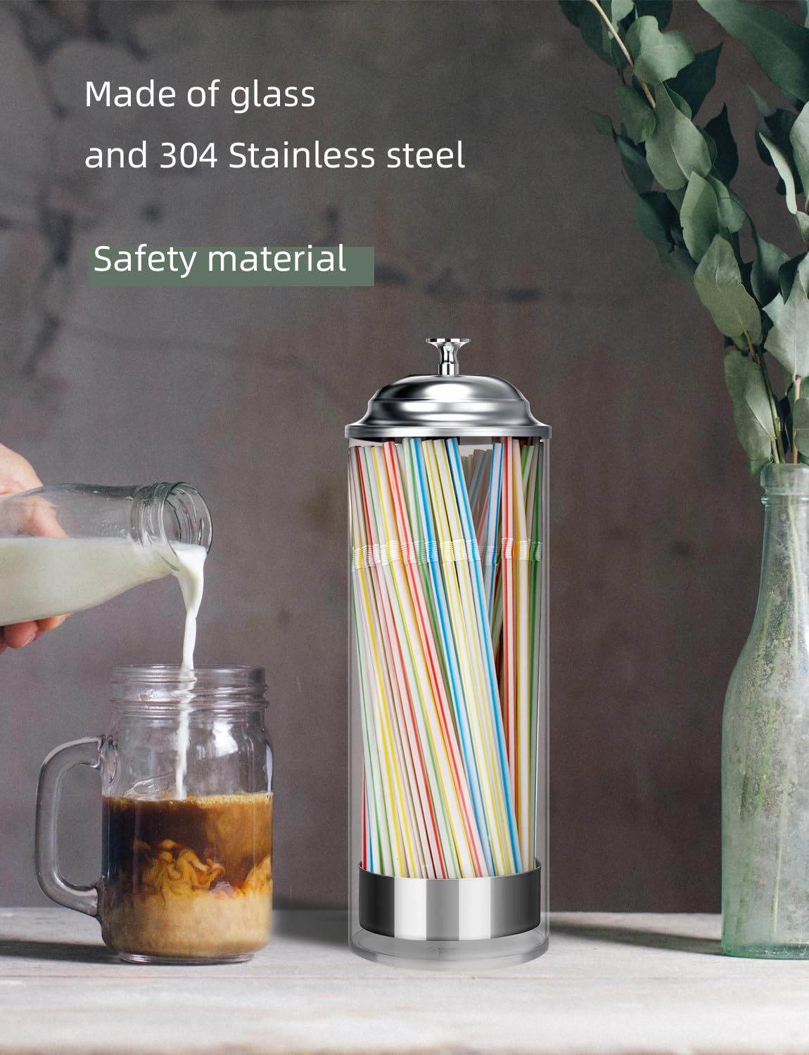 BIGINIWA clear glass dispenser close-up highlights durable 304 stainless steel lid.