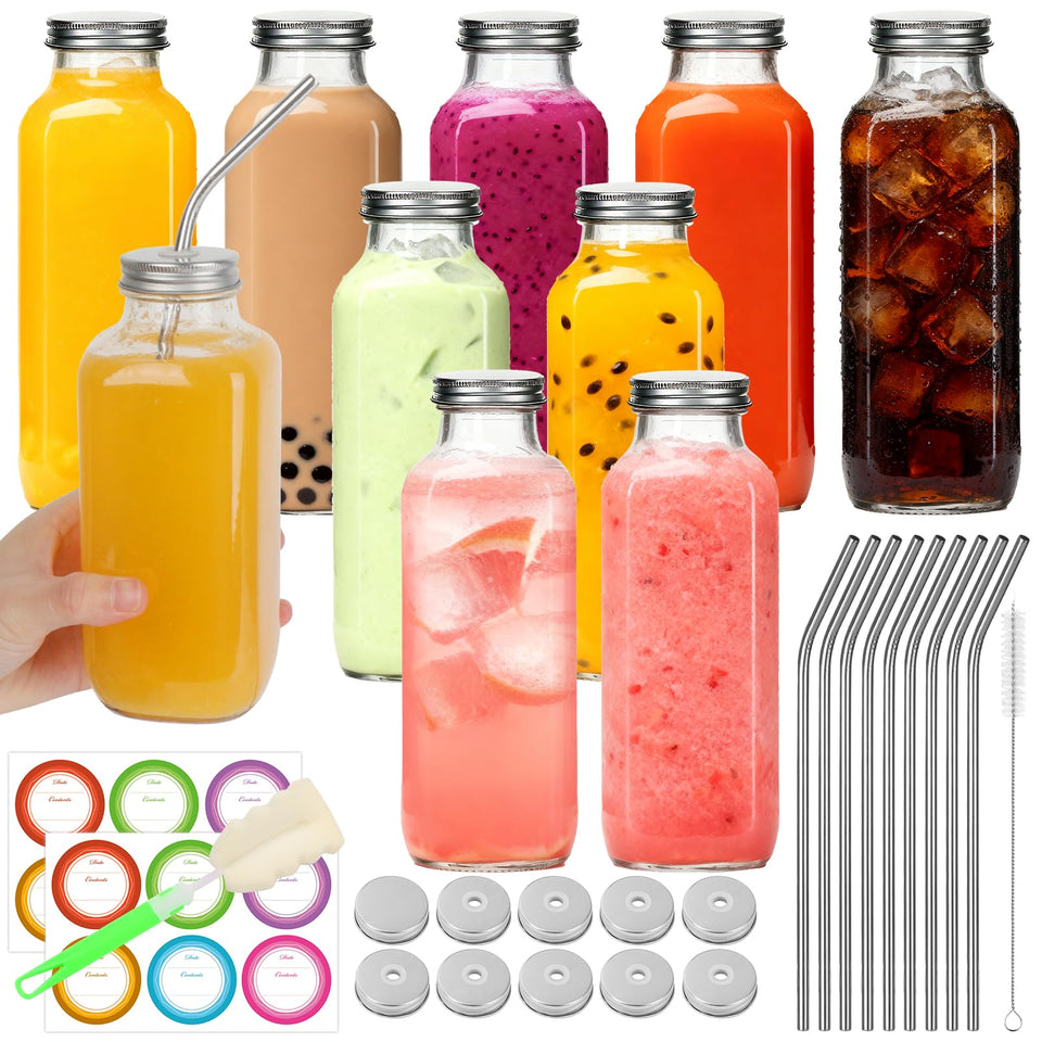 BIGIVACA 16oz glass juice bottle with lids for fresh on-the-go beverages.