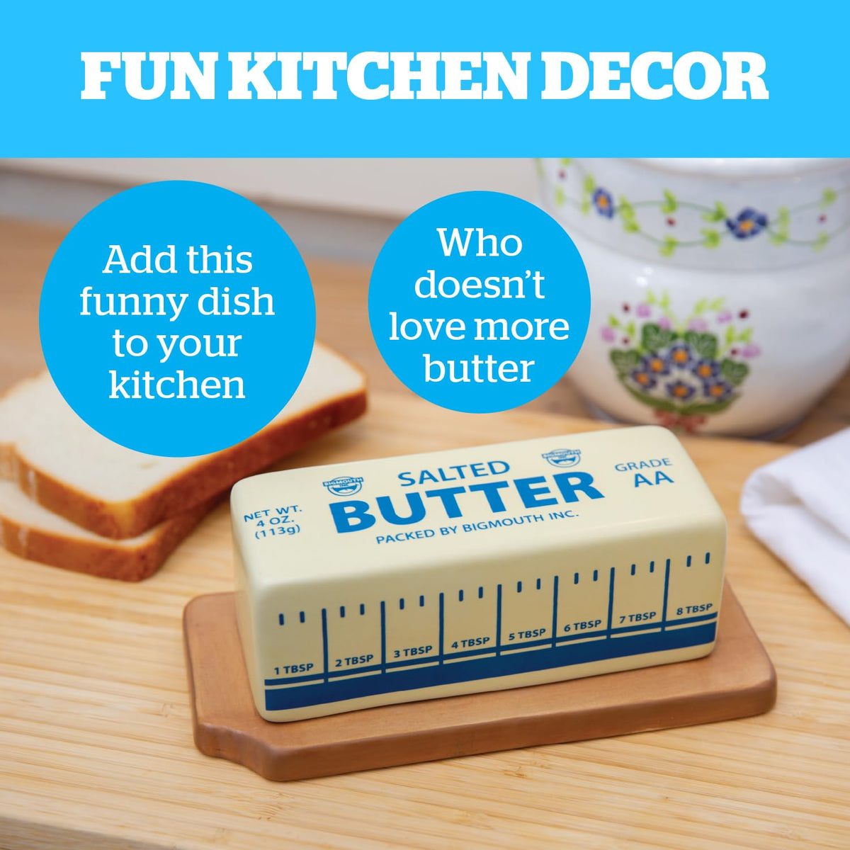 Open lid, BigMouth butter dish shows easy access to spreadable butter.
