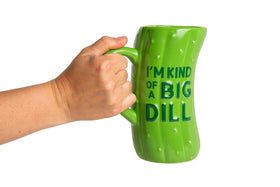 Close-up of the phrase I'm Kind of a Big Dill on a green pickle mug.