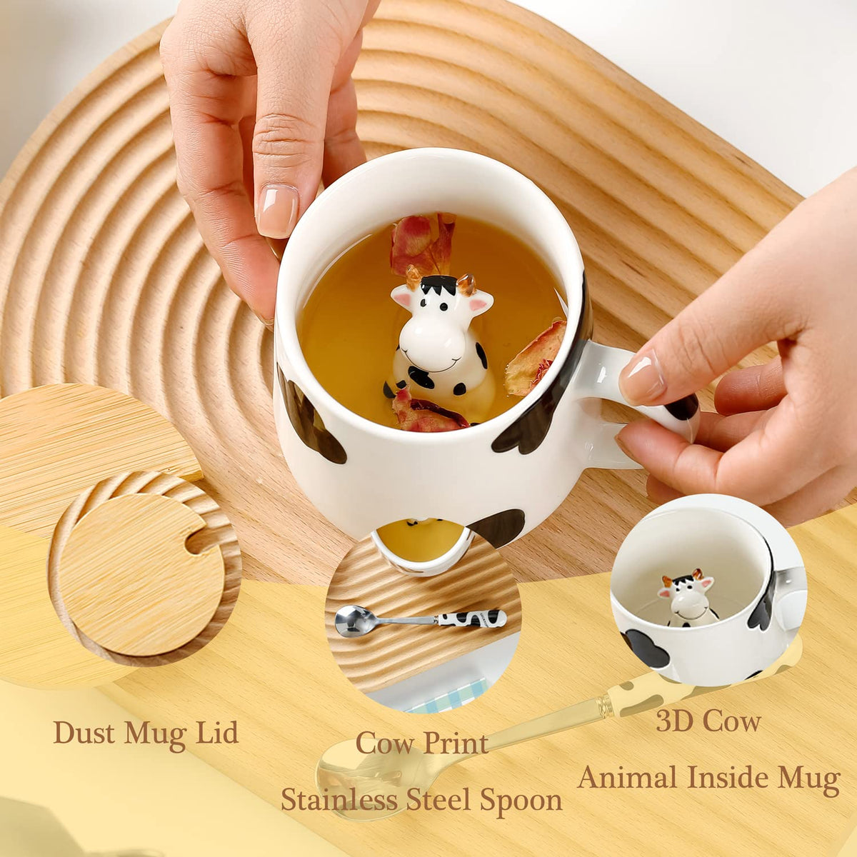 BigNoseDeer cow-print mug-with-lid-spoon keeps drinks warm and mess-free.